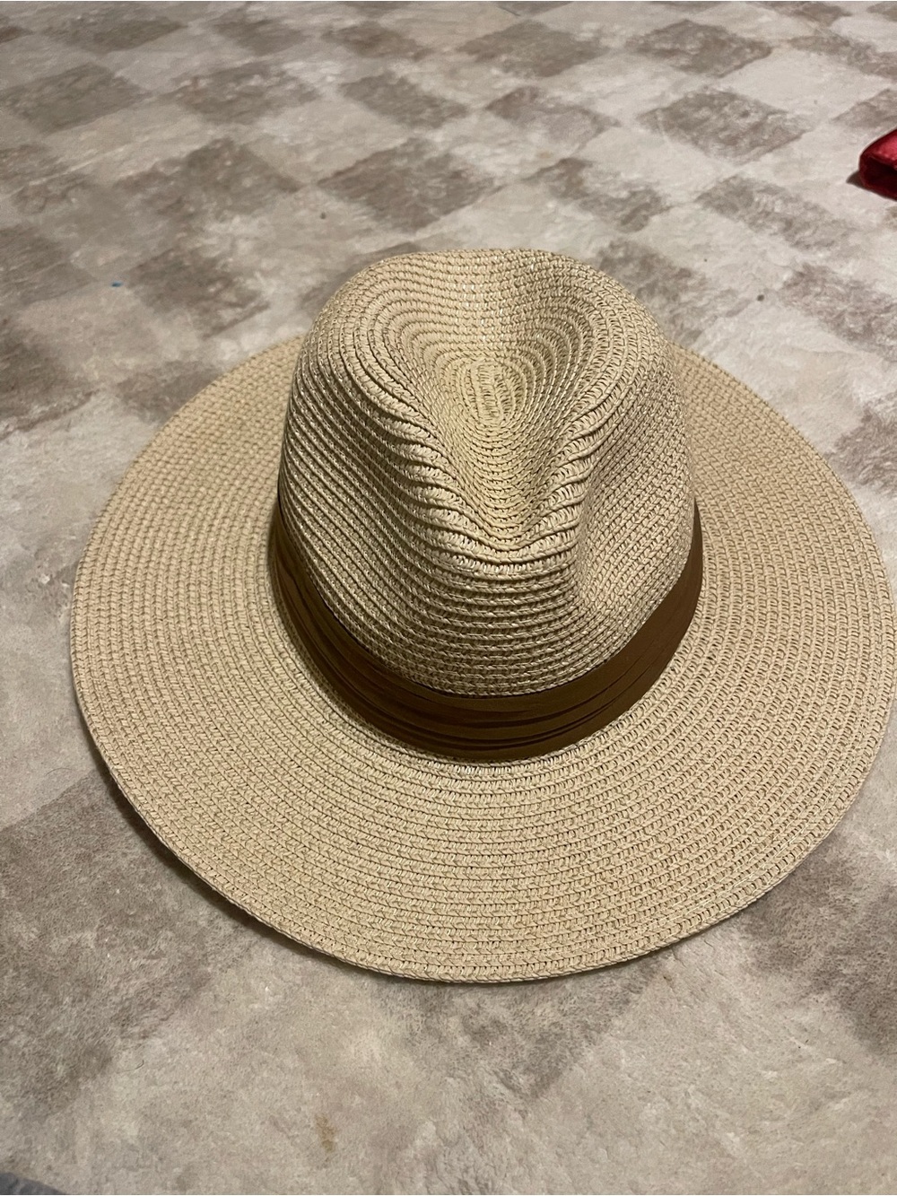 Wide Brim Straw Fedora Hat with Brown Band - Women